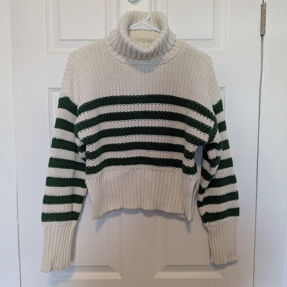 By Together Anthro White Green Stripe Wide Rib Turtleneck Sweater Retro Sz Small - Picture 1 of 9